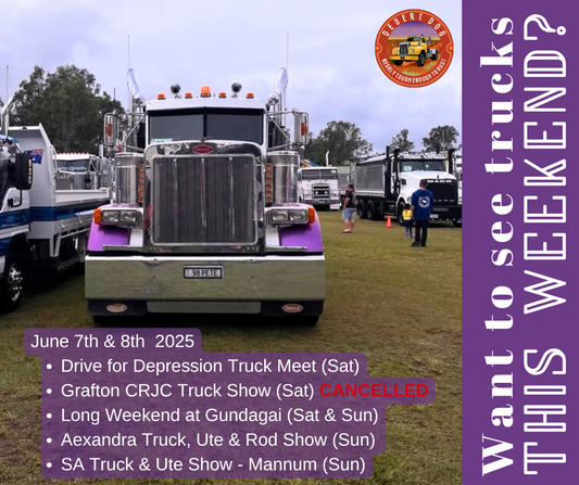 Peterbilt truck with calendar dates for truck shows in Australia weekend of June 7th and 8th. Photo taken by Desert Dog at Scenic Rim truck show