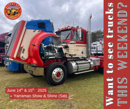 weekend calandar of truck shows for June 14th and 15th featuring a Kenworth with the bonnet open taken at Scenic Rim truck show