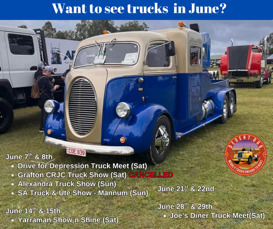 A 1940's COE truck photographed at the Scenic Rim truck show in May 2025. The photo is overlayed with Australian truck show information for June 2025