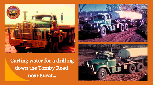 A collage of three photos featuring a B model Mack with a water tank on the back to supply water to the drill rig