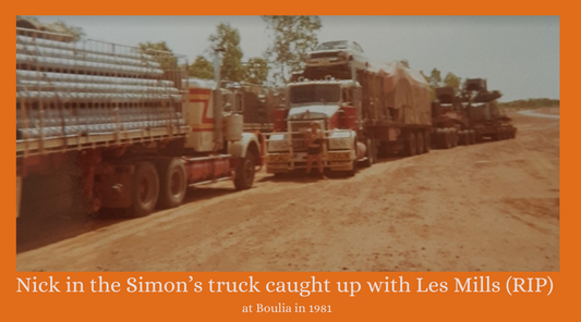 Les Mills stands in front of Simons road train driven by Nicholas Taylor. Jimmy Martin's White Road Boss is also in the picture.