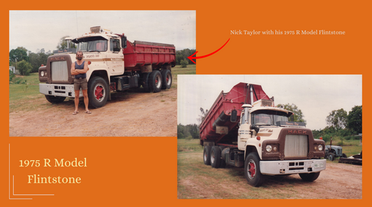 Nicholas Taylor features in a montage of two photos of his 1975 R Model Mack tipper. Photos taken in 1992.