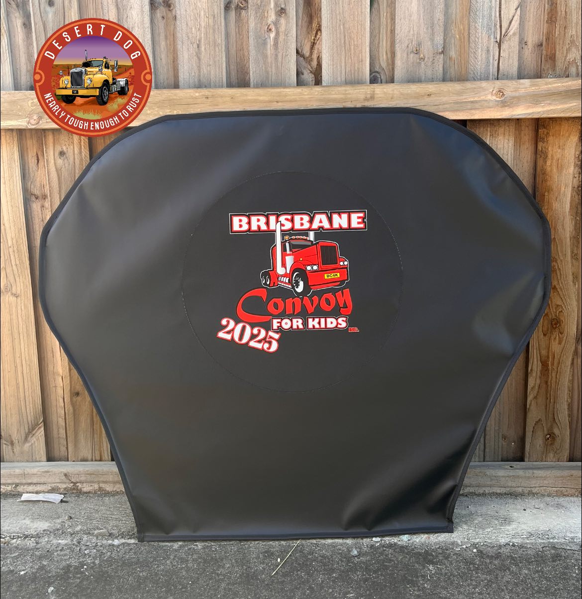 A custom Desert Dog turntable cover featuring the Brisbane Convoy 4 Kids logo and year 2025 as donated for the charity auction.