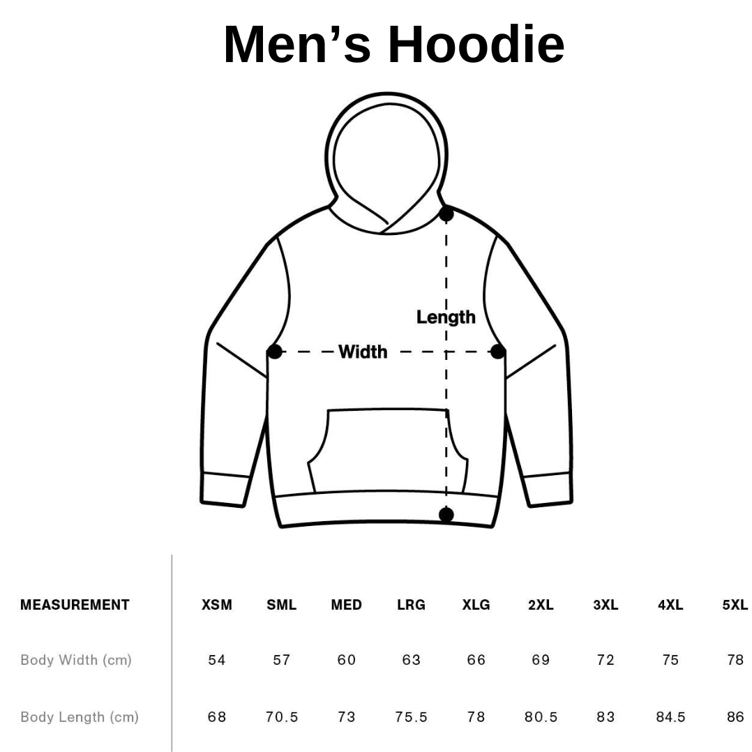 Desert Dog mens hoodie size chart featuring length and width measurements and sized up to 5XL