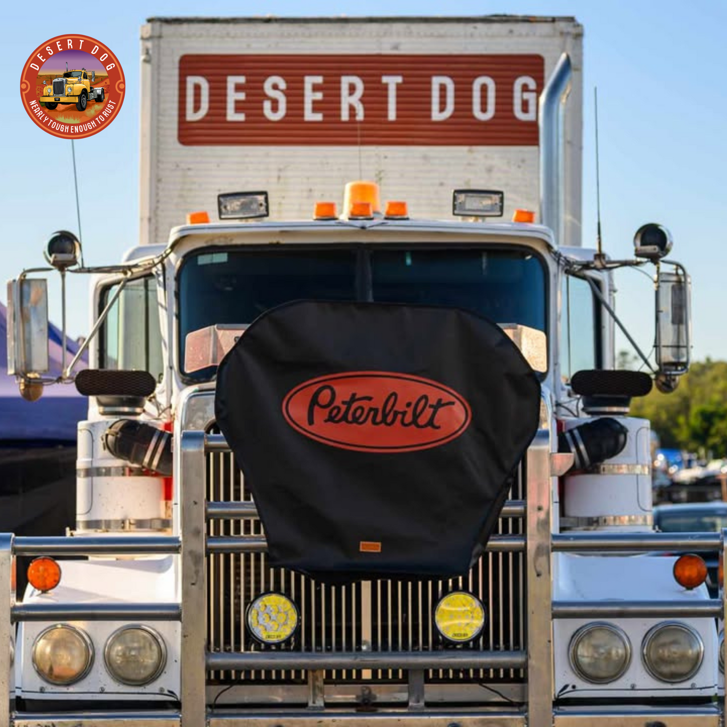 The Desert Dog 1994 Western Star Heritage with a Peterbilt turntable cover draped over the bullbar.