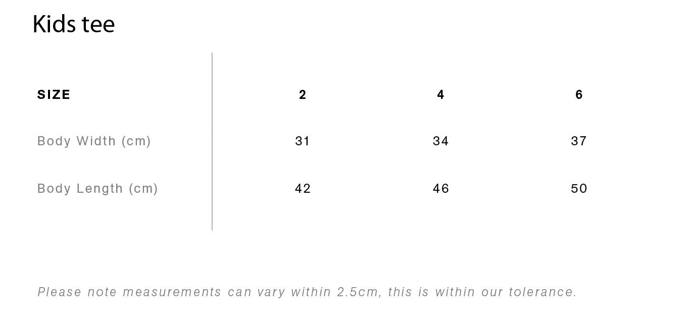 size chart for kids tee includes sizes two, four and six and measurements