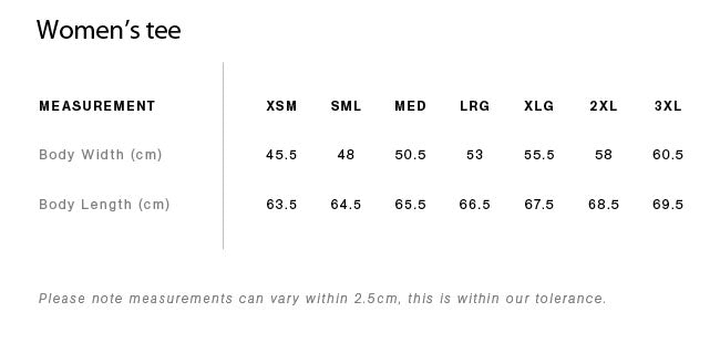 size chart for ladies tee includes sizes xs, small, medium, large, extra large, 2XL and 3XL with measurements