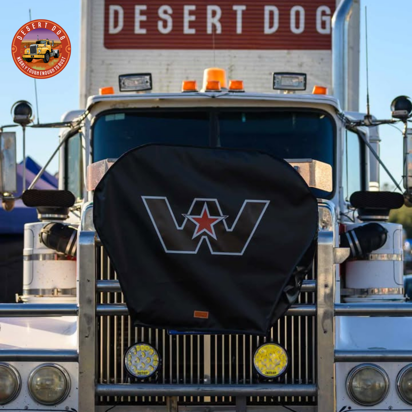 The Desert Dog 1994 Western Star Heritage with a Western Star turntable cover draped over the bullbar.