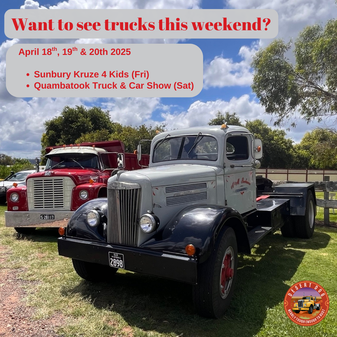 Desert Dog's weekly calendar of truck show events featuring an old White truck - photo taken at the inaugural Rudd's Pub truck show for mental health in Nobby 2025
