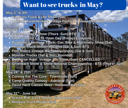 A photo of a cattle truck which was photographed by Desert Dog at Kilcoy truck show in 2023. The photo is overlaid by the many truck shows in Australia in June 2025