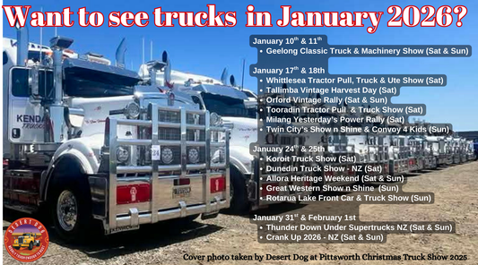 Kendall truck fleet lined up at Pittsworth Christmas truck show as a backdrop to the January 2026 monthly calendar of truck shows