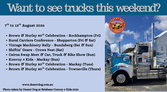 A brochure listing this weekends truck shows and events. Featuring a photo of one of Don Watsons old trucks which has now relocated to New Zealand and is working over there. Photo from Brisbane C4K 2024