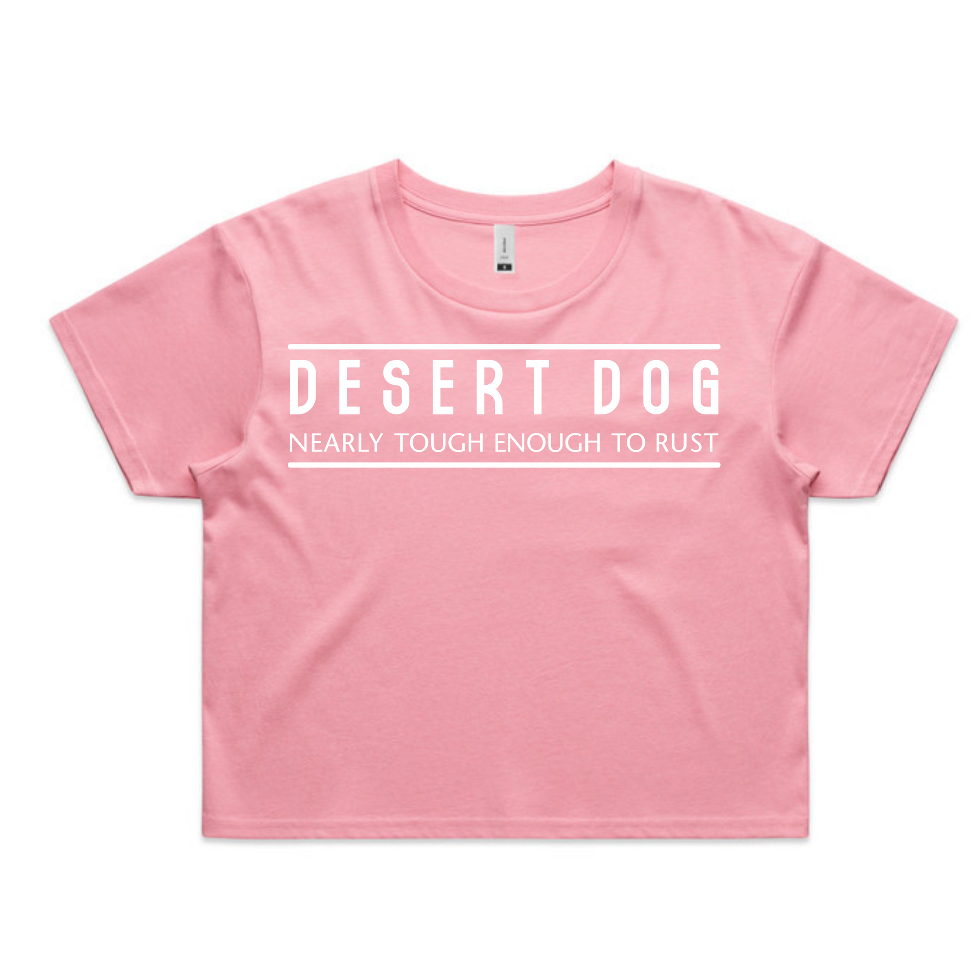 A bubblegum pink coloured lades crop tee with a large Desert Dog text logo on the front in white.