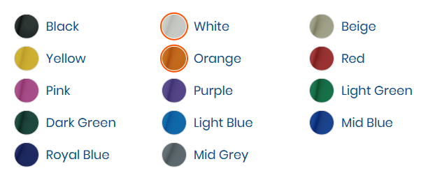 Colour Chart with colour names - black, yellow, pink, dark green, royal blue, white, orange, purple, light blue, mid grey, beige, red, light green, mid blue. Desert Dog rope bags are available in thesecolours plus the orange or rust coloured logo print vinyl.