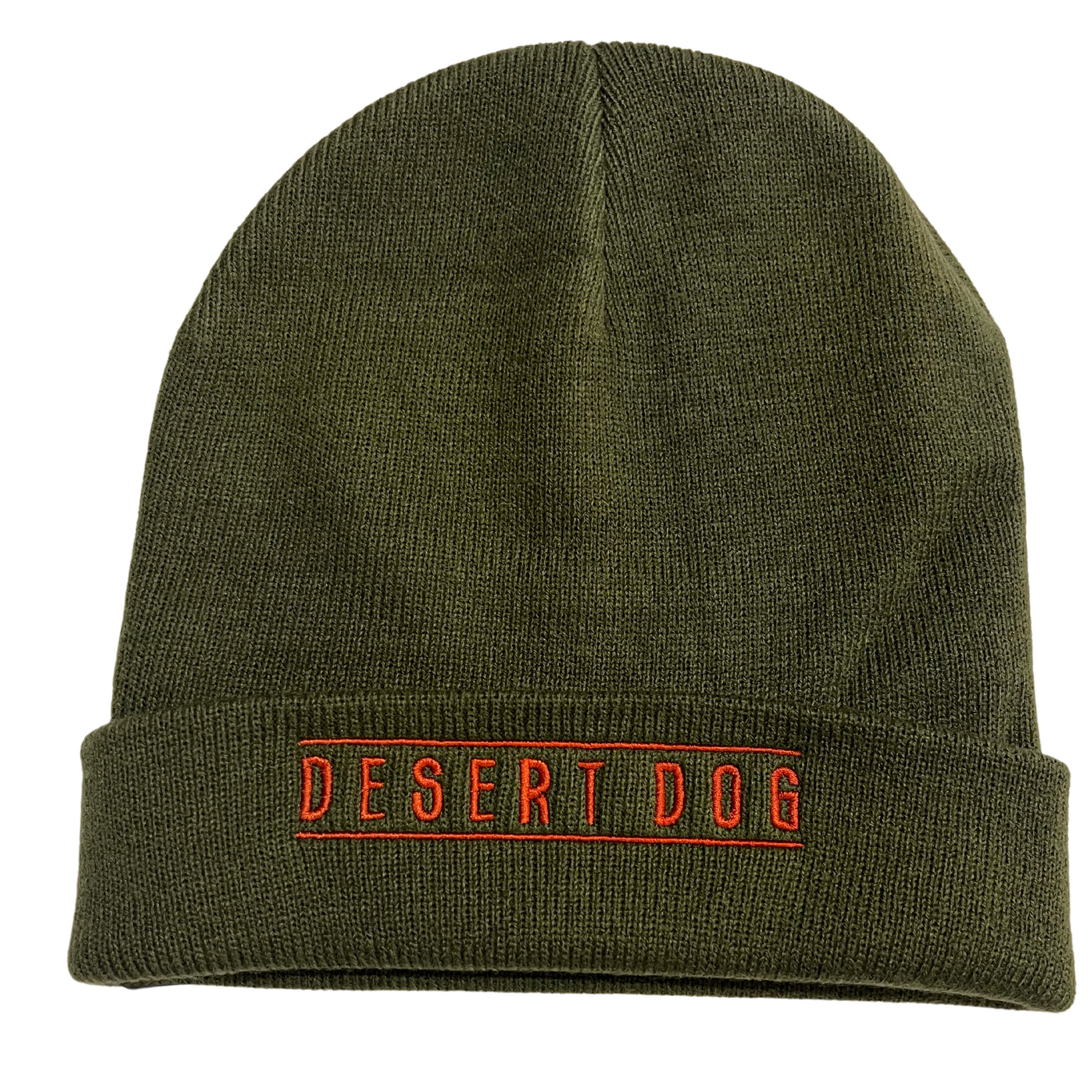 A close up photo of an army green coloured knitted beanie with the words Desert Dog embroidered on the cuff in rust.