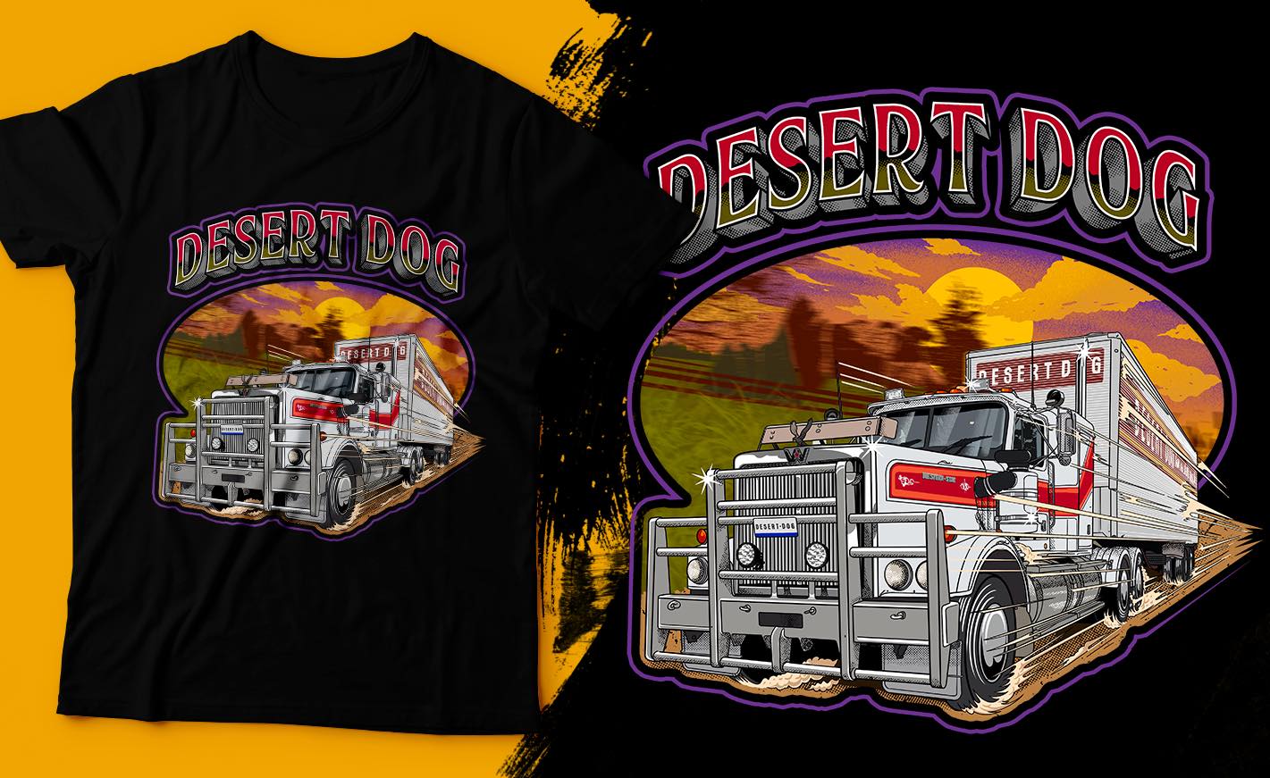 A black tee shirt featuring the Desert Dog Western Star Heritage print on the front and a close up of the print