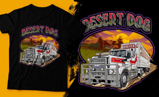 A black tee shirt featuring the Desert Dog Western Star Heritage print on the front and a close up of the print