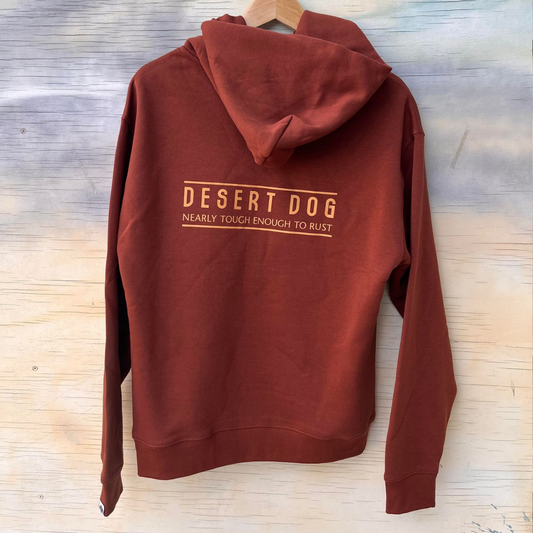 Rust coloured mens hoodie back view featuring hood and Desert Dog test logo nearly tough enough to rust