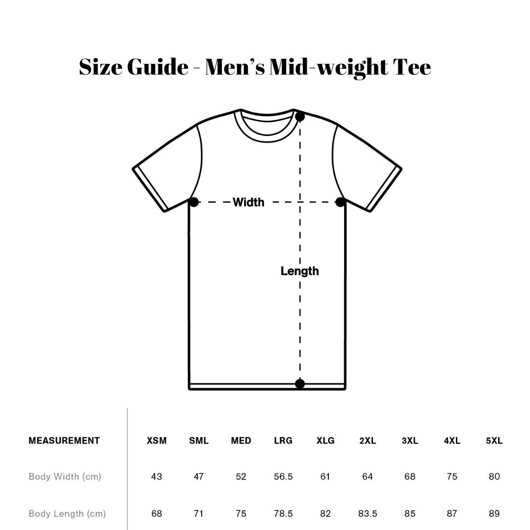 Size guide for the Desert Dog men's mid-weight tee featuring a diagram of length and width and size options ranging from XS to 5XL.