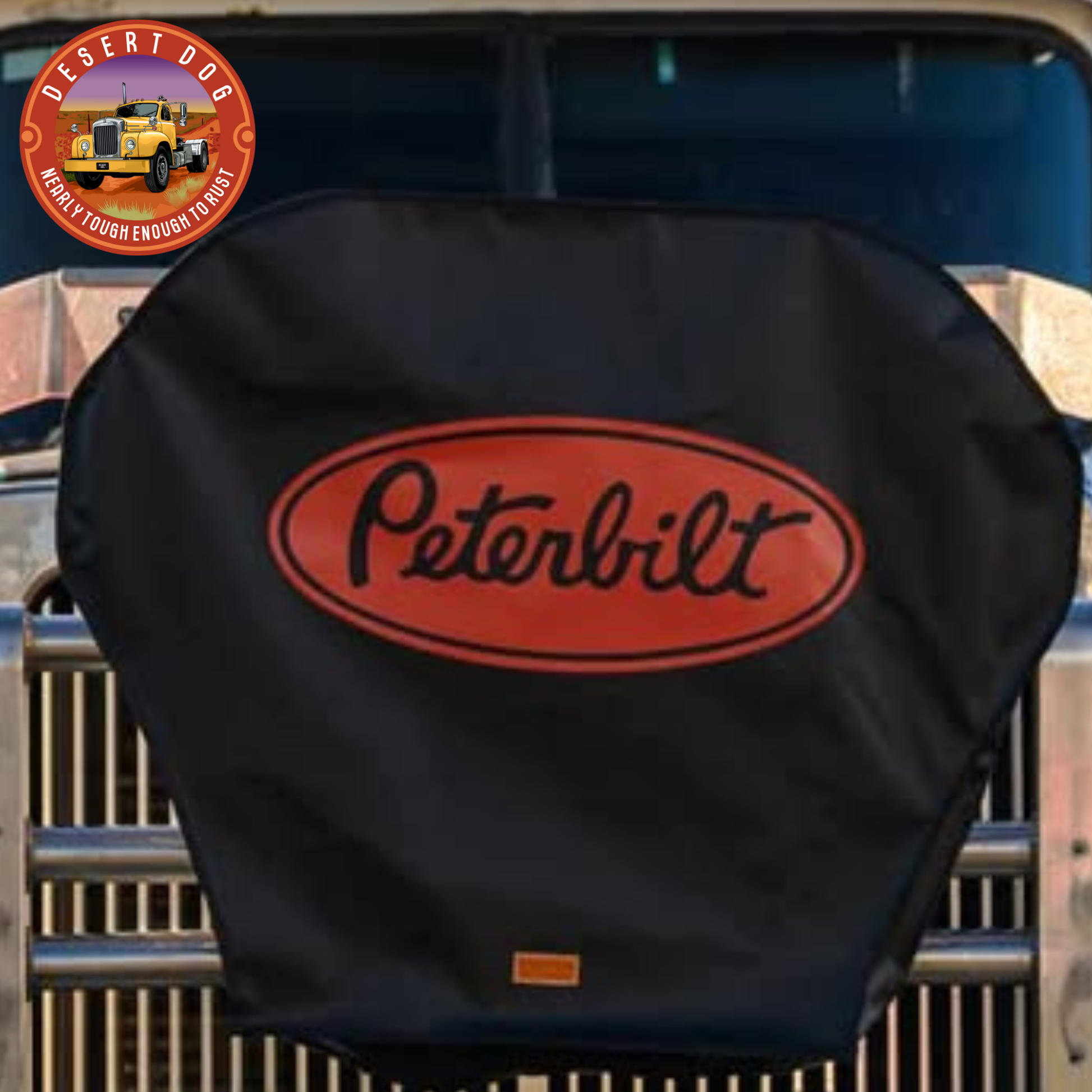 Black Desert Dog turntable cover with Peterbilt Truck logo.