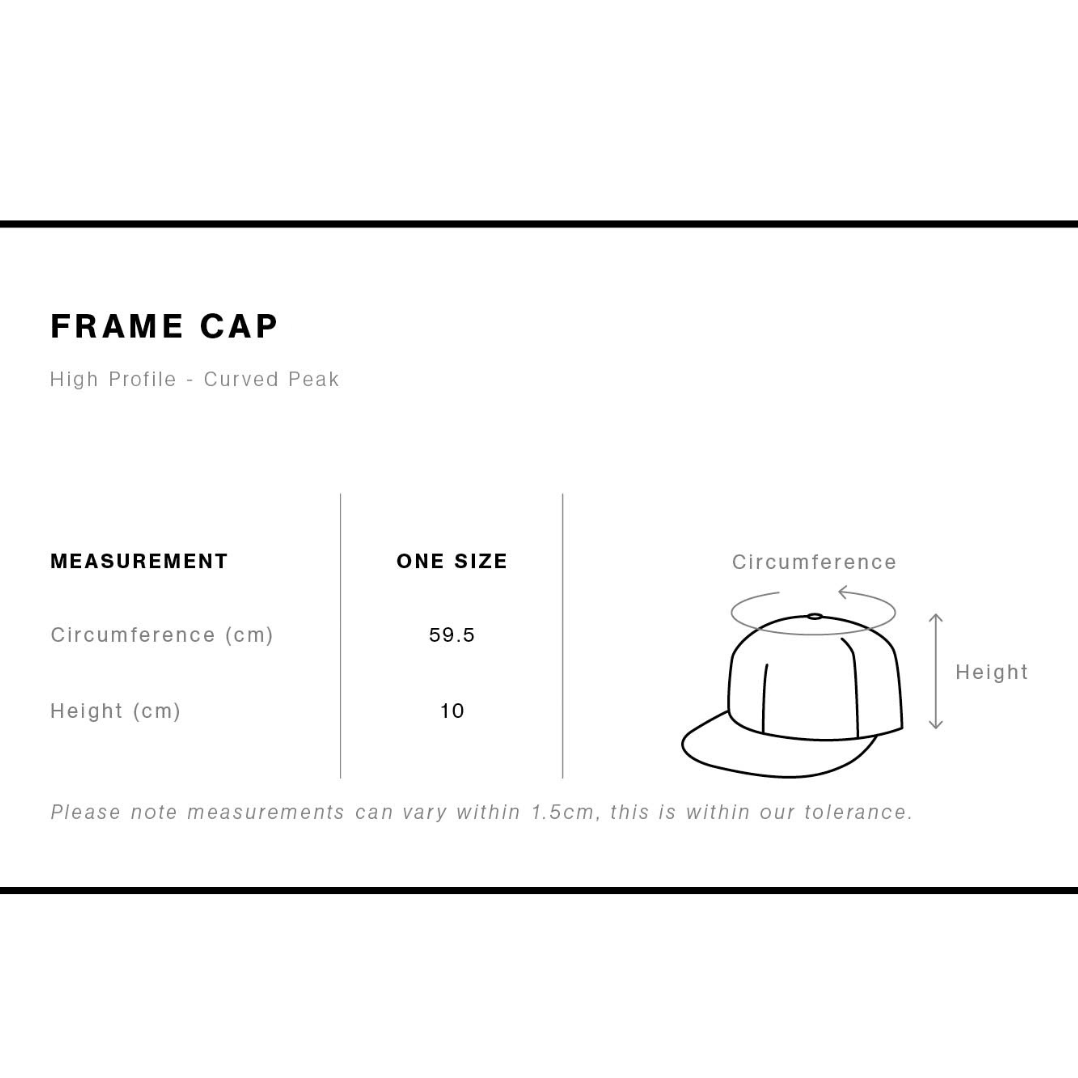 Size chart of our frame cap featuring head circumference and illustration. One size fits all.