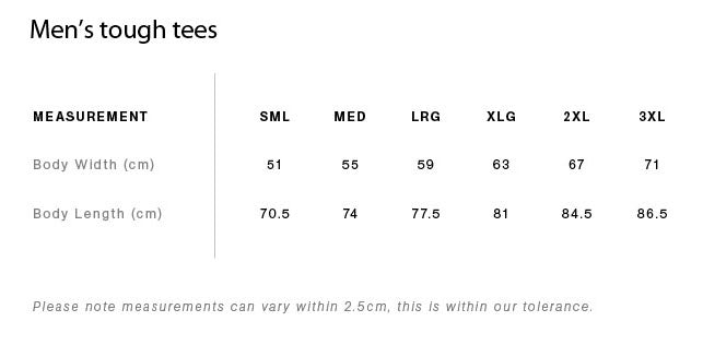 size chart for men's tough  tee includes sizes small, medium, large, extra large, 2XL and 3XL with measurements